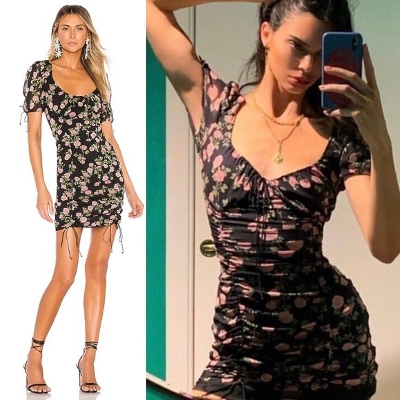 For Love & Lemons Biscotti Ruched Silk Mini Dress Bows Rose Print Size M Blogger - Picture 1 of 15